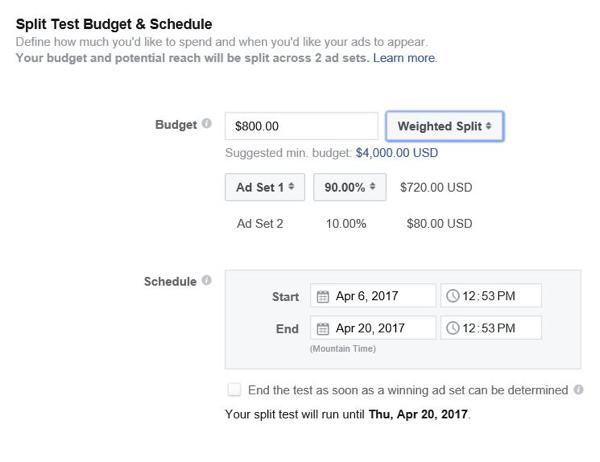 Facebook antaa sinun hallita, kuinka paljon budjettia kohdennetaan kullekin mainosryhmälle.
