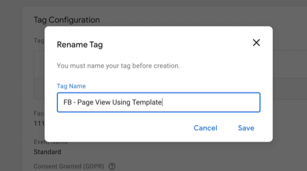 uusi google tag manager uusi tunniste, jolla nimetä uudelleen tag-valikkovaihtoehdot ja uusi tagin nimi syötetään nimellä "fb - sivunäkymä mallin avulla"