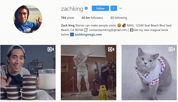 Vaikka hän käytti alun perin Instagramia Vinesin julkaisemiseen, Zach alkoi pian luoda alkuperäistä Instagram-sisältöä.