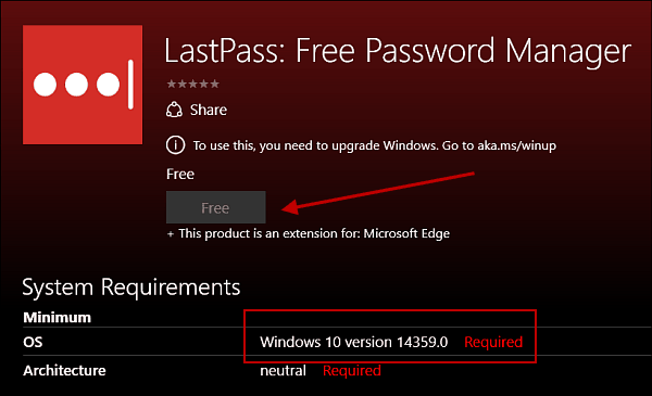 LastPass-laajennus Microsoft Edgelle, joka tulee Windows 10: ään