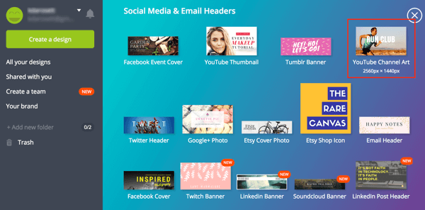 Canva tarjoaa erilaisia ​​sosiaalisen median malleja, mukaan lukien yksi YouTube-kanavan kuville.