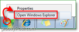 päästäksesi Windows 7 Exploreriin napsauta hiiren kakkospainikkeella aloituspalloa ja napsauta Avaa Windows Explorer
