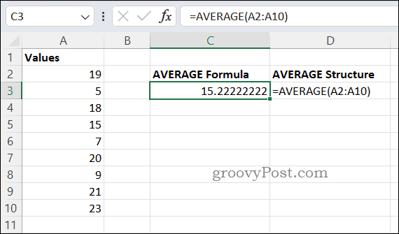 Esimerkki AVERAGE kaavasta Excelissä