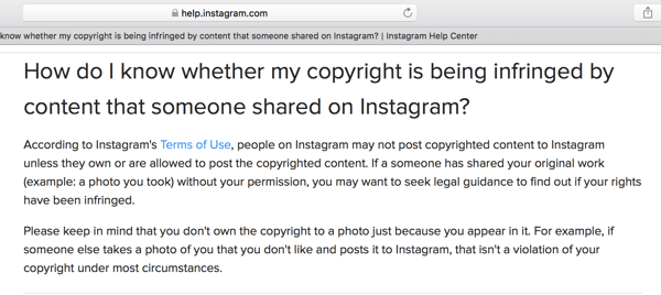 Instagramin ohjekeskus hahmottaa joitain tekijänoikeusohjeita.
