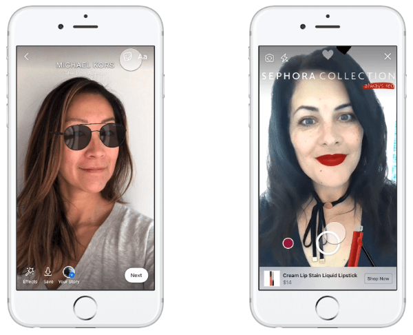 Michael Kors oli ensimmäinen brändi, joka testasi AR-mainoksia uutissyötteessä, jolloin ihmiset pystyivät kokeilemaan aurinkolaseja ja tekemään ostoksia kokemuksensa perusteella.