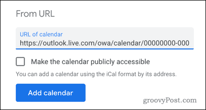 Outlook-kalenterin lisääminen Google-kalenteriin URL-osoitteen perusteella