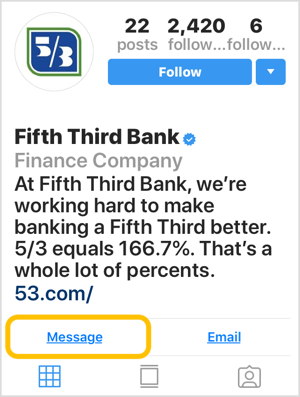 Instagram-profiili pankille, jossa on toimintakehotuspainike.