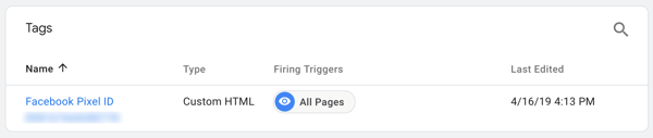 Käytä Google Tag Manageria Facebookin kanssa, vaihe 7, katso Facebook Pixel -nimestäsi nimetty tunniste