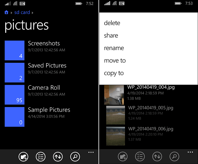 Tiedostot-sovellus Windows Phone 8-1