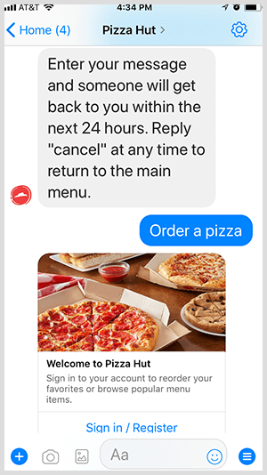 Pizza Hut automatisoi pizzan tilaamisen Messenger-botin kautta.