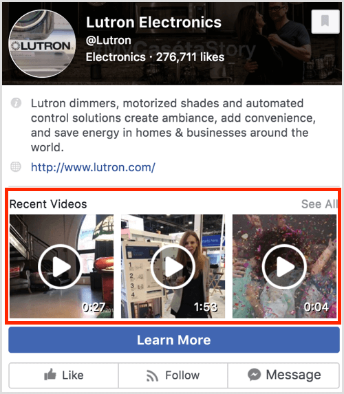 Facebook-sivun esikatselu, joka näyttää viimeisimmät videot.