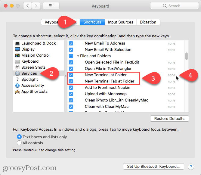 Napsauta Ei mitään, jos haluat lisätä pikakuvakkeen New Terminal at Folder -palveluun Mac-tietokoneessa