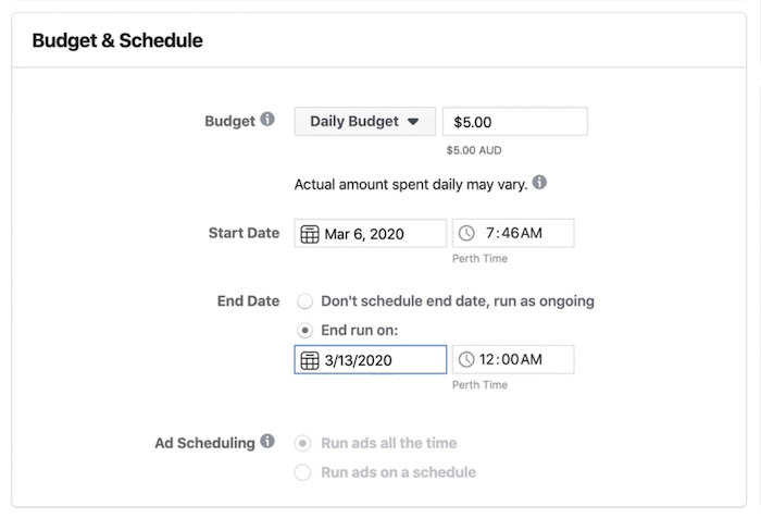 Budjetti ja aikataulu -osio mainosjoukon tasolla Facebook Ads Managerissa