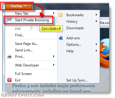 aloita yksityinen selaaminen Firefox 4: ssä