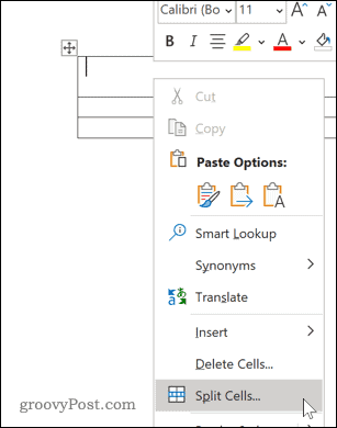 Word Split Cells -valintaikkunan vaihtoehdot