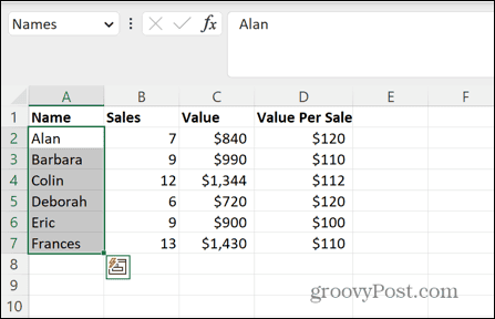 Excel valitun nimetyn alueen