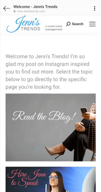 esimerkki omistetusta instagram-aloitussivusta, joka on suunniteltu Instagram-profiililinkille napsautusliikenteen saamiseksi