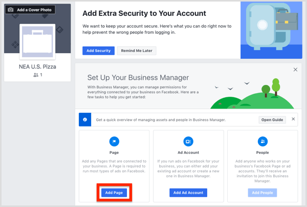 Napsauta Lisää sivu lisätäksesi Facebook-sivusi Business Manageriin.