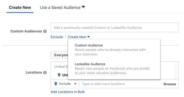 Vaihtoehdot mukautetun yleisön tai ulkonäön omaavan yleisön käyttämiseen Facebook-mainoskampanjassa