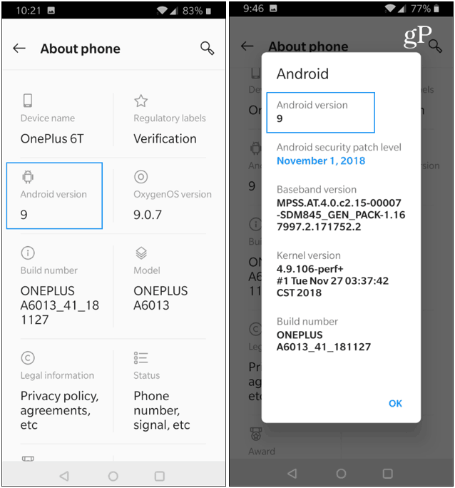 OnePlus Tietoja puhelimen Android-versiosta