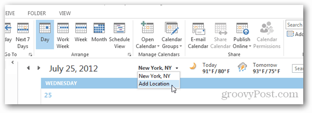Outlook 2013 -kalenterin sääkierros - Napsauta Lisää sijainti