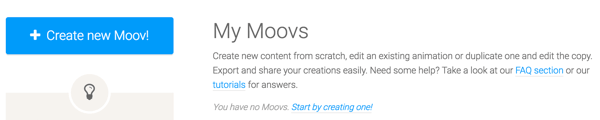 Napsauta Luo uusi Moov-painiketta aloittaaksesi Moovlyn käytön.