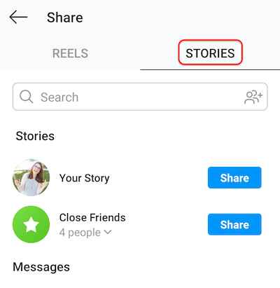 kuvakaappaus Instagramin lähetysruudusta, joka näyttää tarinavälilehden, jonka avulla rullat voidaan jakaa tarinallesi tai läheisten ystäväluetteloon