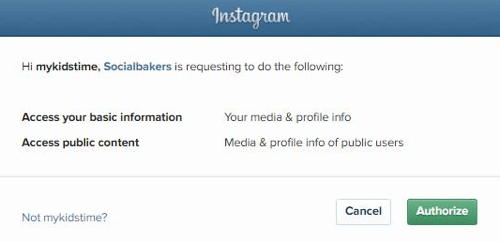 Valtuuta Socialbakers pääsemään Instagram-tilisi tietoihin.
