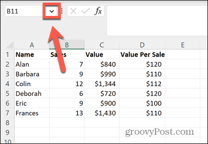 excel-nimiruudun nuoli