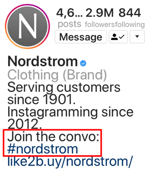Esimerkki asianmukaisesta hashtagin käytöstä Instagram-biossa.