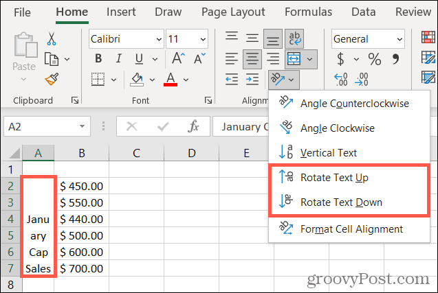Kierrä tekstiä ylös tai alas Excelissä