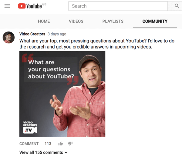 Esimerkki YouTube-yhteisön välilehden viestistä.