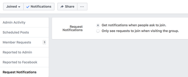 Ota käyttöön ilmoitukset henkilöiltä, ​​jotka haluavat liittyä Facebook-ryhmääsi.