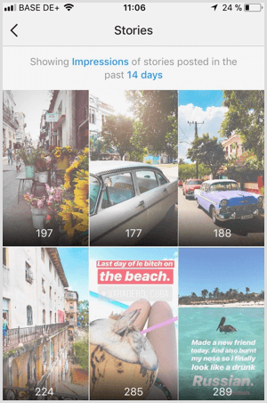 Tarkastele Instagram Stories Impressions -tietoja Instagram Analyticsissa.