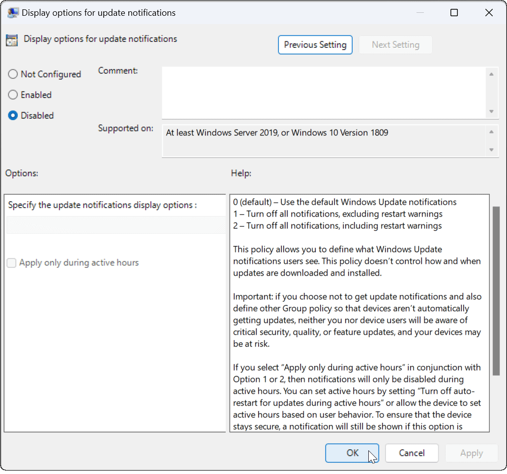 Poista päivitysilmoitukset käytöstä Windows 11:ssä