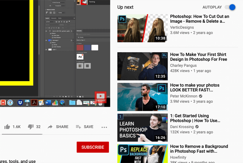 youtube-videon katseluruutu, joka näyttää automaattisen toiston videot ruudun oikealla puolella, youtube suosittelee katsotun perusteella