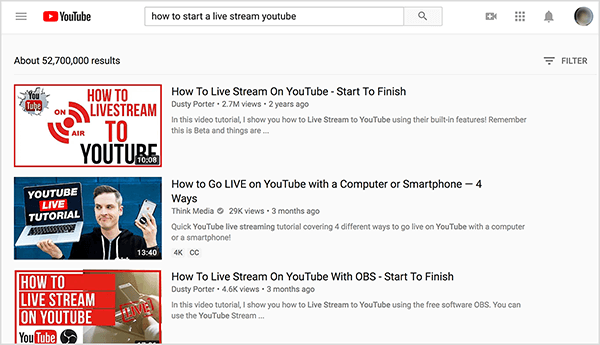 Hae YouTubesta "miten aloittaa suoratoisto youtubessa", ja ylimmissä hakutuloksissa on kaksi Dusty Porterin videota.