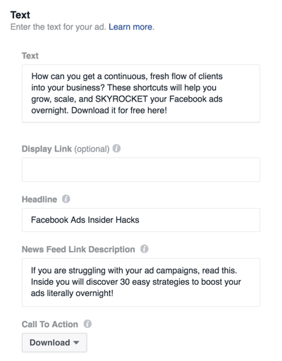 Täytä tiedot asettaaksesi Facebook-mainoksesi.