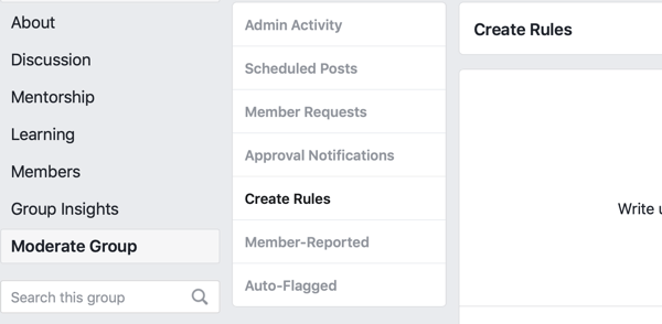 Kuinka parantaa Facebook-ryhmäyhteisöäsi, Facebook-valikkovaihtoehto luoda sääntöjä ryhmän valvomiseksi