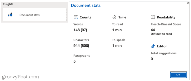 Microsoft Editor -asiakirjan tilastot