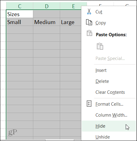 Piilota sarakkeen pikakuvake Excelissä Windowsissa