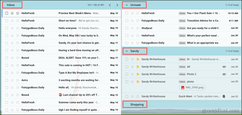 Useita postilaatikoita laajennettu Gmailissa