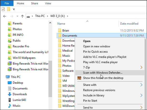 Skannaa tiedostot ja kansiot haittaohjelmien varalta Windows 10 Defender -sovelluksella