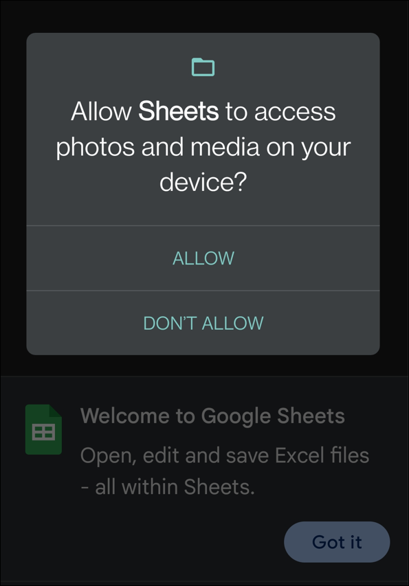 Antaa Sheetsin käyttää avoimia XLSX-tiedostoja Androidissa