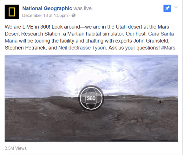 Facebook julkaisi Live 360 ​​-videon tällä viikolla National Geographic -raportilla Utahin Mars Desert Research Station -laitokselta.