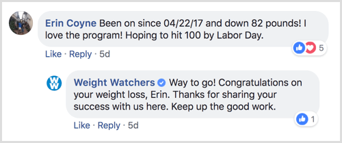 esimerkki Facebook-sivun vastauksesta käyttäjien kommentteihin