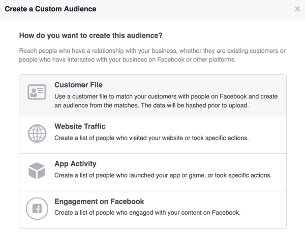 Valitse Asiakastiedosto, jos haluat luoda Facebook-mukautetun yleisön uutiskirjeen tilaajista.