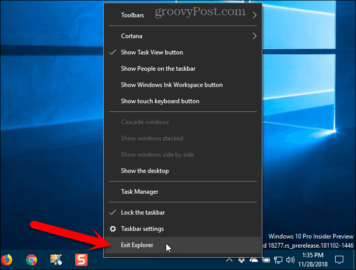 Valitse Windows 10: n tehtäväpalkin pikavalikosta Poistu Explorer