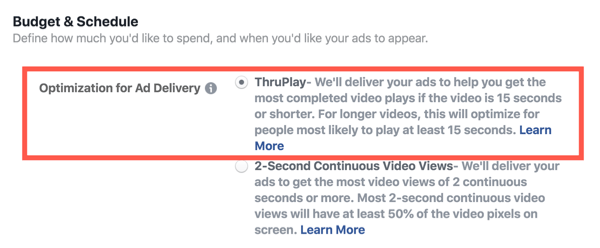 Videomainosten Facebook ThruPlay -optimointi, vaihe 2.