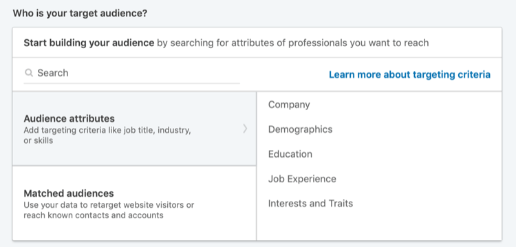 Kuka on kohdeyleisösi -osa LinkedIn Campaign Manager -sovelluksessa